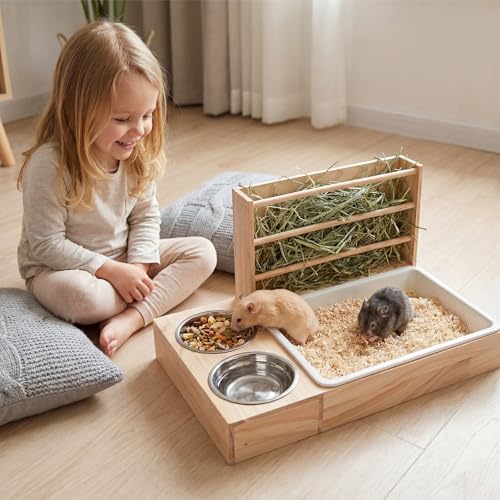3-in-1 Rabbit Hay Feeder, Rabbit Litter Box with Hay Feeder and Bowls, Guinea Pig Hay Feeder, for Rabbits, Guinea Pigs, Small Animals
