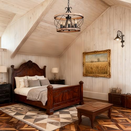 15.7" Farmhouse Chandelier for Dining Room, 5-Light Wood Drum | Rustic Chandelier Dining Room Light Fixture French Country Industrial Pendant Lamp for Living Room Kitchen Island Entryway - color: 15.7" Wood Drum