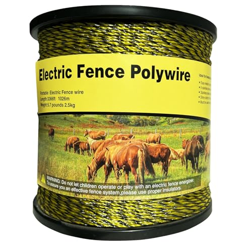 Electric Fence Polywire, 3366Ft/1026M, 1/8" Dia, Portable Wire | Upgraded polywire,Built with 6 stainless steel strands ,easy to roll up and carry for farm livestock fencing - size: 3366Ft/1026M