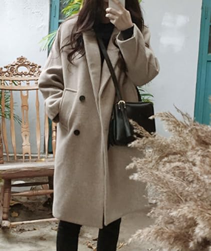 Women's Winter Double Breasted Coats Casual Loose Notch Lapel Wool Blend Pea Coat Warm Long Overcoat - color: Grey Beige, size: Large