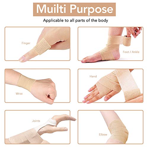 RISEN Cohesive Bandage 2” x 5 Yards, 6 Rolls, Self Adherent Wrap Medical Tape, Adhesive Flexible Breathable First Aid Gauze Ideal for Stretch Athletic - color: Tan