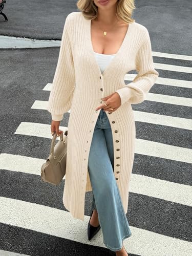 Saodimallsu Womens Long Duster Cardigans Button Down Maxi Sweater Dress | Casual V Neck,Lantern Long Sleeve,2026 Oversized Chunky Knit,Floor Length Coatigan,Cute Soft Cozy,Fall Winter Trendy Coat - color: Beige, size: Small