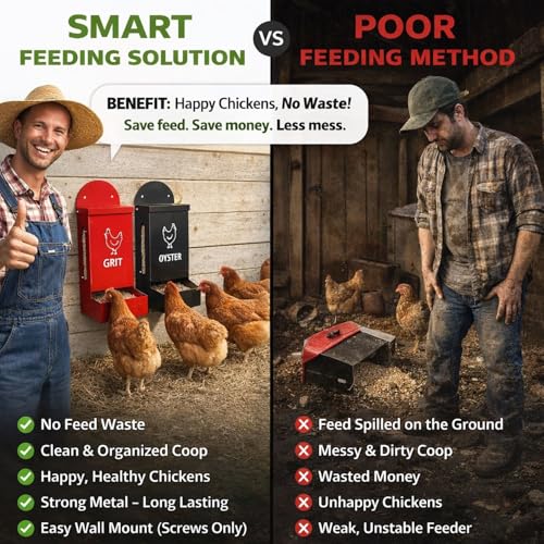 Premium Metal2 Packs Oyster Shell Feeder for Chicken with Lid Viewing Window Dual grit Feeder Grit Oyster rain Cover Duck Feeder Chicken Coop Accessories Improve Eggshell Quality and Hen Health