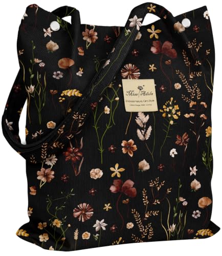 Miss Adola Corduroy Tote Bag for Women with Aesthetic Design | Magnetic Buckle & Pocket, Reusable, Soft, Roomy, Long Shoulder Handles, Double-sided Print, Casual Daily Work, Grocery Bags - color: Black Grow Flower, size: Large