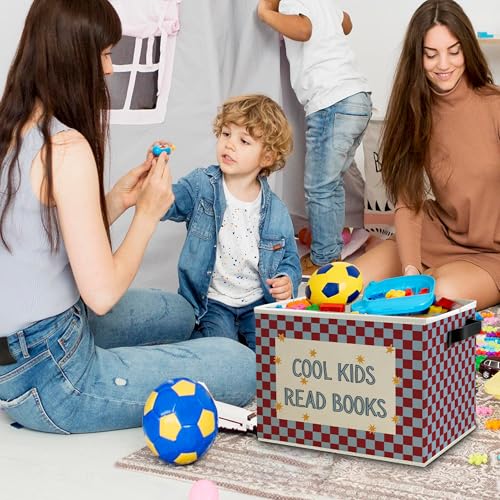 Book Kids Classroom Storage Bins Box with Handles, Cool Kids Read Books Red Blue Checkered Collapsible Basket Organizer for Boys Girls Bedroom Reading Corner Nook Room Books Clothes - color: Color20