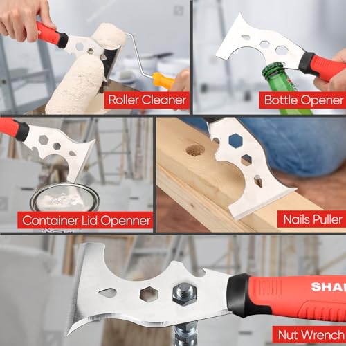 SHALL 8-In-1 Paint Scraper, Stainless Steel Paint Remover Scraper Tool, Putty Knife with Hammer End and Comfort Handle, Metal Spackle Scraper for Removing Drywall Paint, Caulk, Wood, Wallpaper