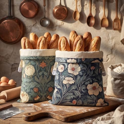 Hushee 2 Pcs Beeswax Bread Bags for Sourdough, XL, William Morris Flower | 13 x 16 Inch Bread Bags for Homemade Bread, Reusable Organic Linen Cotton Storage Bags, Keep Loaves Fresh Longer - style: William Morris Flower