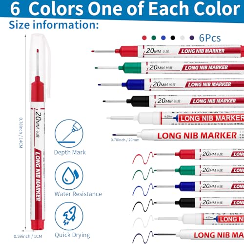 6 PCS Long Head Deep Hole Marker Pens,20mm Long Nib Marker, Longs Nose Markers, Waterproof Construction Markers Marking Tool,Permanent Markers Carpenter Ink marker Pens,Metal marking Pens - color: 6PCS-20MM-Red/Blue/Green/Black/White/Purple