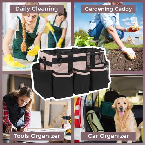 SCAVATA Wearable Cleaning Caddy, Cleaning Caddy Supplies Organizer with Handle & Shoulder Straps for Housekeepers, Under Sink & Car Cleaning Tool Organizers Bag with 4 Foldable Divider (Pink) - color: Pink