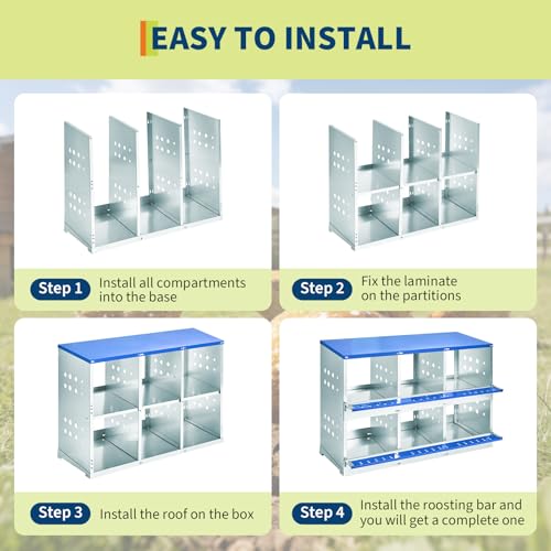 50.39" Metal Chicken Nesting Box, 4-Compartment Poultry Nest Box with Perch and Ventilation Holes, Blue Roof Hen Laying Box for Up to 8 Chickens - color: Blue A, size: 37.8"L x 18.9"W x 28.0"H