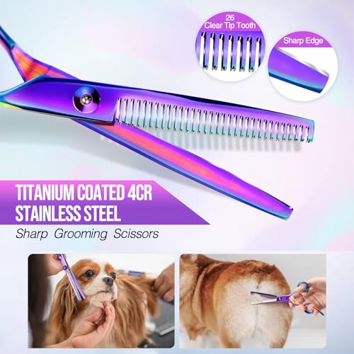 Gimars Dog Grooming Scissors Kit Professional 4CR with Safety Round Tip, 5 in 1 Heavy Duty Titanium Coated Thinning & Curved & Straight Shears - style: Purple 5 in 1