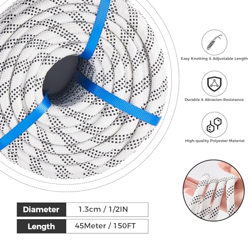 1/2 Inch 150ft Double Braided Polyester Arborist Rope, Heavy Duty Nylon Rope for Anchor, Tree Work, Cargo, Pulling, Sailing(White) - size: 1/2in x 150ft, style: White