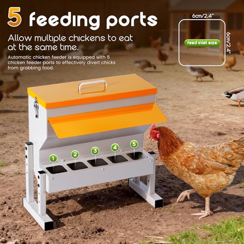 No Waste Automatic Chicken Feeder, 16L Metal Chicken Feeder | Duck Feeder for Outdoor, Large Poultry Feeder with Adjustable Stand & 5 Feeding Ports