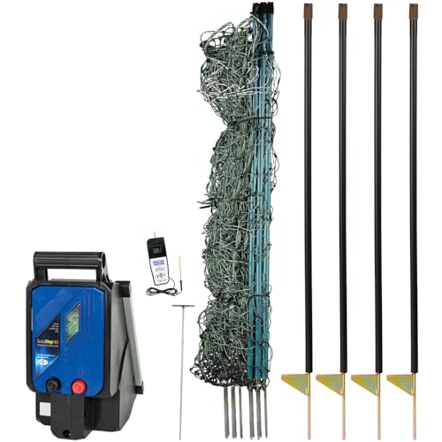 Premier 1 PoultryNet® Plus, Starter Kit for Chickens – 42"H x 100'L | Green/black. Includes solar energizer, support posts & tester. Double spike, posts every 6.8 ft to reduce sag. For poultry.