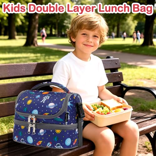 FlowFly Kids Double Decker Cooler Insulated Lunch Bag Large Tote for Boys, Girls, Men, Women, With Adjustable Strap, Astronaut - color: Astronaut