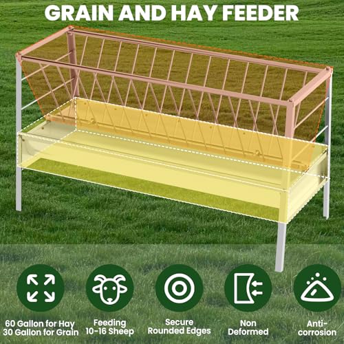 62'' Long Goat Feeder with 26'' Wide Tray, 90 Gallon Heavy Duty Alloy Steel Goat Hay Feeder for Goats Sheep Lambs Horses Farms Sheds, Ease of Assembly, Rust-Proof, Detachable Grain Tray - style: Alloy Steel