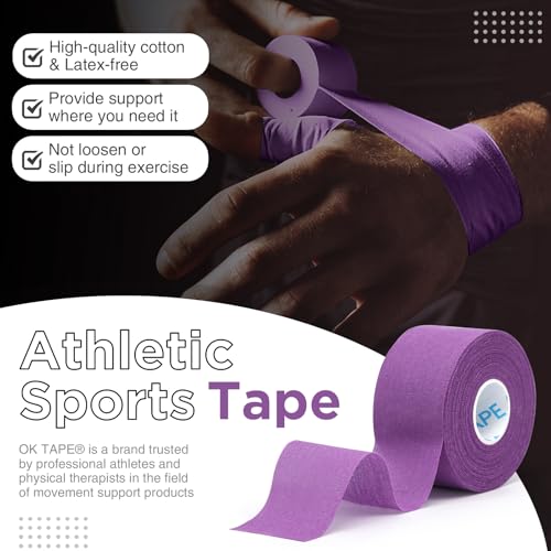 OK TAPE 4 Rolls Athletic Tape, Sports Tape for Injuries, Rigid, Easy Tear | Medical Tape, Wrist Tape, No Sticky Residue, Secure Ankle, Finger, Knee- 1.5inch x 15yards (Purple) - color: Purple-4 Rolls, size: 15 yards