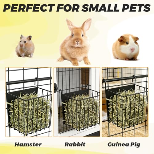 3-Pack Rabbit Hay Feeder, Metal Bunny Hay Rack with Hanging Hooks, Durable Iron Hay Feeder for Rabbit, Guinea Pig & Chinchilla Cages, Black, 6.9" x 4.7" x 6.7"