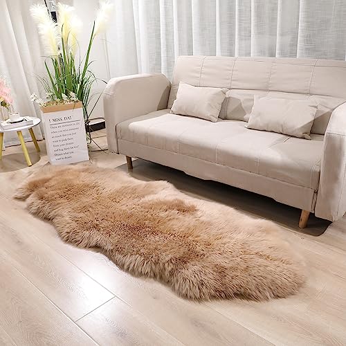 Fluffy Genuine Sheepskin Rug, Fuzzy Shaggy Fur Area Rug, Soft Fur Prayer Pup Mat Carpet, Chair Sofa Seat Cover, Bedroom, Living Room Double Pelts (Light Brown, 2x6ft) | Natural Fluffy Fuzzy Sheepskin Fur Area Rug,Chair Sofa Seat Cover,Living Room,Bedroom,