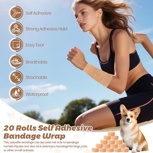 Self Adhesive Bandage Wrap, 20 Rolls Sports Tape, Self Stick Elastic Bandage Wrap, Sticky Bandage Wrap for Wrist, Feet, Ankle, Vet Wraps for Pets,Tattoo Grip Tape (1" x 78.74") - color: Khaki