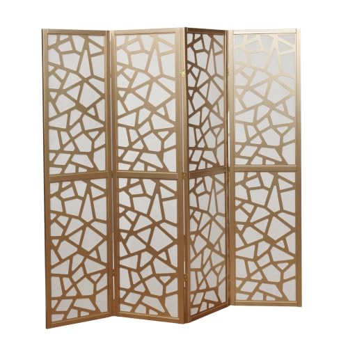 Roundhill Furniture Giyano 4 Panel Screen Room Divider, White Screen with Gold Frame - color: White Screen/Gold Frame