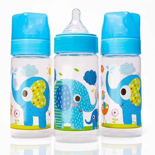 Avima 9 oz Anti Colic Baby Bottles w Medium Flow Nipples, 4-7M (Set of 3) | Wide Neck Stage 2 Silicone Nipples. Blue Elephants Design