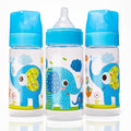 Avima 9 oz Anti Colic Baby Bottles w Medium Flow Nipples, 4-7M (Set of 3) | Wide Neck Stage 2 Silicone Nipples. Blue Elephants Design