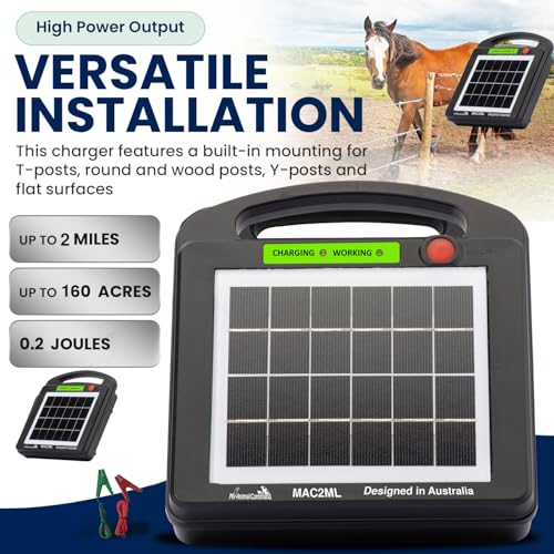 My Animal Command Solar Power Electric Fence Energizer Charger 0.2 Joules | Lithium Ion Battery, Containment, Protection, Livestock, Pet, Horses, Cattle, Sheep, Earthing rod included - size: Mini MAC2ML 0.2 Joules