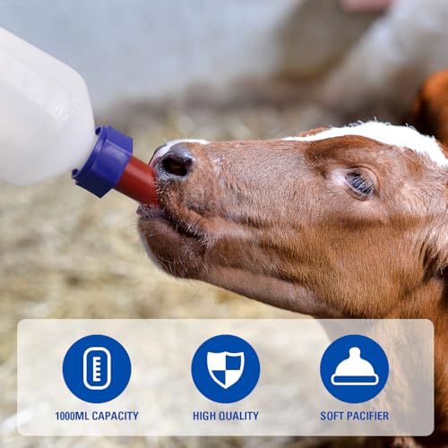 2 Pack Calf Nursing Bottle 1000ml, Livestock Feeding Bottle for Orphaned | Rubber Nipple No Latex Chew Resistant, Calf Lamb Pig Puppy Kitten Goat Sheep Farm Animal Supplies (1000ml) - size: 1000ml