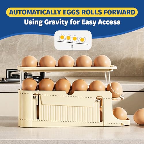 Adjustable Egg Holder for Fridge, Space Saving Egg Organizer Container, Automatic Rolling Egg Dispenser for Refrigerator, Clear Tray for Kitchen Countertop, Home, RV and Dorm Room