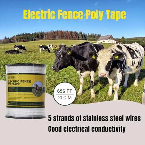 Electric Fence Polytape with 5 Conductors, 1/2 Inch 1.27cm Width, 656 Feet 200 Meter Length, White Color