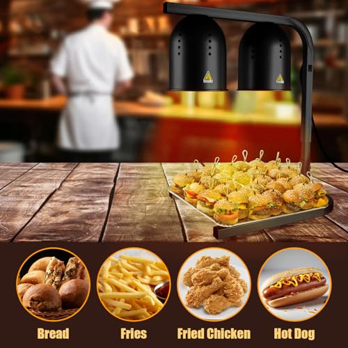 Food Heat Lamp with 2 x 250W Bulbs, 5000+ Hour Lifespan, Black | 12"×20" Warming Area, UL-Tested, Adjustable Height Stand 22"-30", Commercial & Home Use Restaurant Buffet Bakery Catering - color: Black