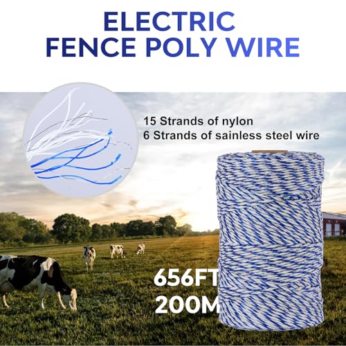 656ft Electric Fence Polywire with 50Pcs Electric Fence Insulators&1 Insulated Sleeve,6 Stainless Steel Strands for Reliable Conductivity&Rust Resistance,Portable Electric Fence Wire Kit for Livestock
