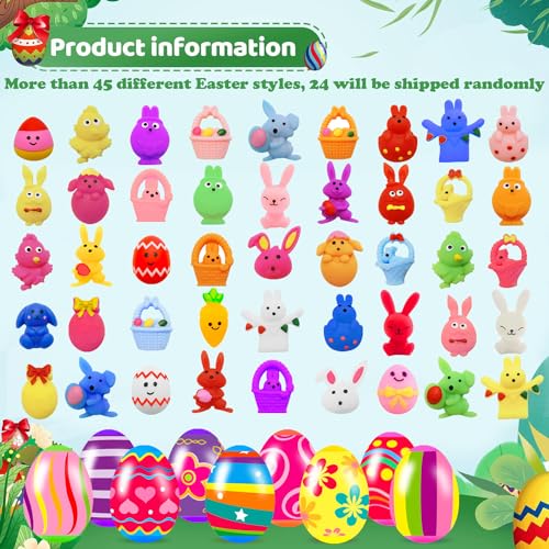 24 Pack Prefilled Easter Eggs with Squishy Toys Inside Bright Colorful Easter Eggs with Fidget Toys Great for Kids Girls Boys Easter Basket Stuffers Eggs Fillers Party Favors Gifts