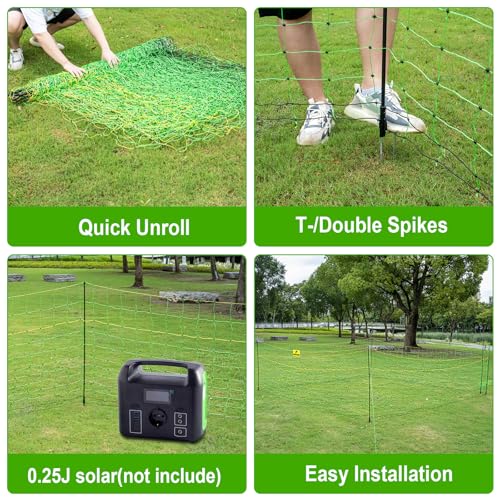 Electric Fence Netting, 35.4" x 164' Portable Electric Net Fence for Goats, Sheep, Lambs, Hogs in Backyards, Farms, Ranches, Homesteads and Gardens,(14 Posts, 2 Spikes,Green) - size: 35.4" x 164'
