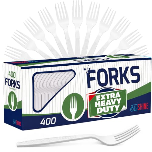 BluShine Extra Heavy Duty Plastic Forks, Disposable Bulk Cutlery | 400 Count Extra Heavy Duty White Plastic Forks, Strong Silverware Feel, BPA Free, Dishwasher Safe, Catering & Party Ready