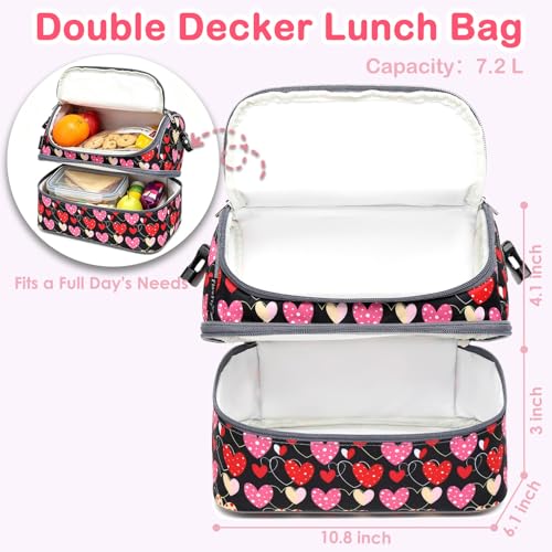 FlowFly Double Decker Cooler Insulated Lunch Bag Large Tote for Boys, Girls, Men, Women, With Adjustable Strap,Heart - color: Heart
