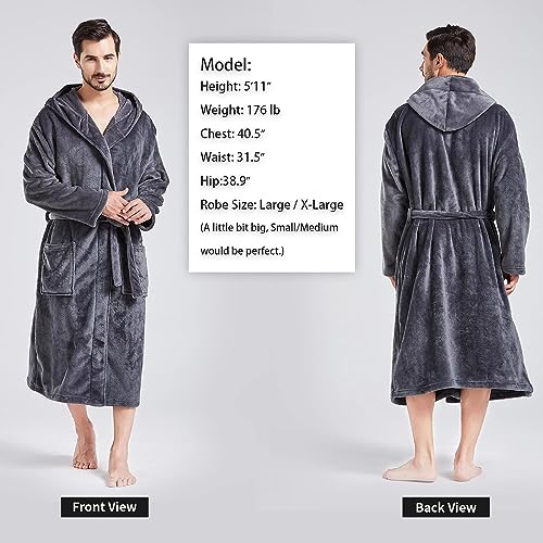FashGudim Mens Hooded Robe Plush Shawl Collar Kimono Bathrobe Soft Warm Flannel Fleece Spa Robes House Coat Pajamas - color: Grey, size: Large-X-Large
