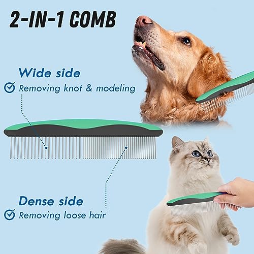 Docrok Pet Grooming Brush and Metal Comb Combo for Dogs & Cats, Green | Dematting Deshedding Undercoat Rake, Cat Brush Dog Brush Shedding Tool for Long Matted Haired Pets - color: Green