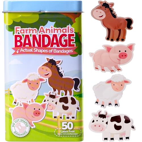 BioSwiss Bandages, Farm Animal Shaped Self Adhesive Bandage Set, Latex Free, Sterile Wound Care, 50 Count - size: 50-Count Tin, style: Farm Animals