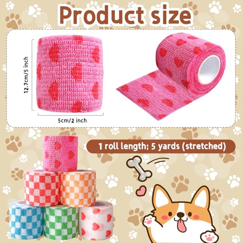 6 Pack 2 Inch x 5 Yards Checkered and Heart Print Pet Vet Wrap for Dogs, Cats, Horses, Non-Woven Self-Adhesive Cohesive Bandage Rolls for Wound Care, Ankle Sprains, Swelling, First Aid Protection - color: Checkered and Heart Print