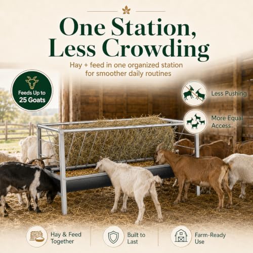 98 Gallon Livestock Feeder, Hay Feeder for Goats Sheep Calves and Horses | Anti-waste stainless steel goat feeder with rubber trough supports hay and feed access for goats, sheep, calves and horses.