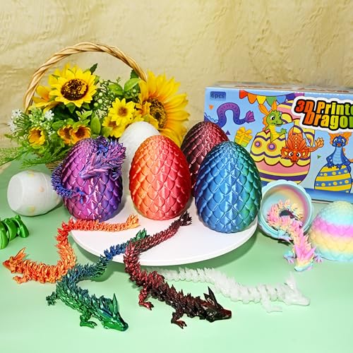 Impossmaker 8" 3D Printed Easter Dragon Eggs with 3D Printed Dragon Inside, Easter Basket Stuffers Mini Dragon Egg Set Articulated Crystal Dragon Fidget Toy for Adults Teens - style: 6P-S2