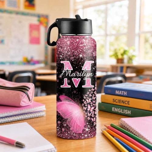 Personalized Butterfly Water Bottle for Girls with Name | 18oz, Stainless Steel, With Straw, Back to School Birthday Gift - color: Color 10