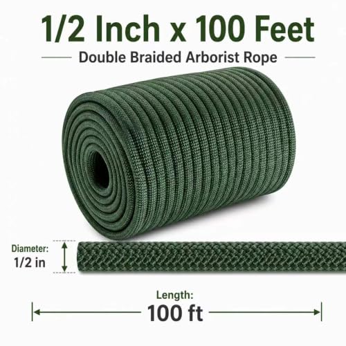 Double Braided Arborist Rope - 1/2 Inch x 100 Feet Polyester Rope - High Strength Climbing Rope for Tree Work, Halyard, Sailing(ArmyGreen) - size: 1/2 in×100 ft
