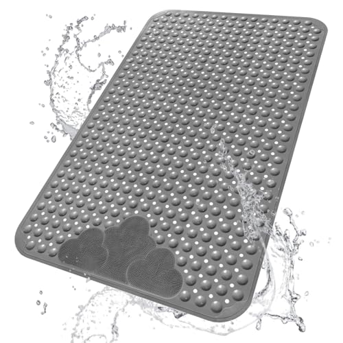 Extra Large Shower Foot Scrubber Mat, Yonala 47x32 Inch Non Slip Shower Mats for Elderly, Anti Slip Shower Mat with Suction Cups, Soft Trimmable TPE Shower Mat for Walk in Shower Stall, Heavy Mat - color: Gray