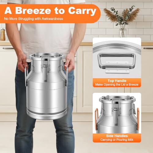 DYNAMI 2.6Gal Stainless Steel Milk Can with Sealed Lid and Handles,Anti-Leak Liquid Storage Barrel,Food Grade Container for Milk, Liquid,Solid Storage and Transport,Large Opening for Easy Cleaning - size: 2.6Gal
