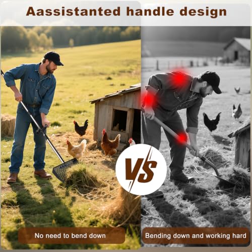 Metal Chicken Poop Scooper & Rake Scoop 10" Metal Chicken Coop Rake | Assistanted Handle Grip Heavy Duty Scoop Tool Adjustable Long Handle Adjustable (36 to 62") for Farm Animals Clean Tool