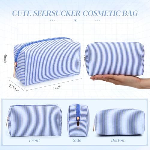 Sanwuta 20 Pcs Seersucker Cosmetic Bags Bulk, Striped Zippered,Blue | Makeup Bags Women Pouch, Large Preppy Storage Toiletry Travel Pouch for Wedding Bridesmaid Bride Favor Back to Teacher Gift - color: Blue