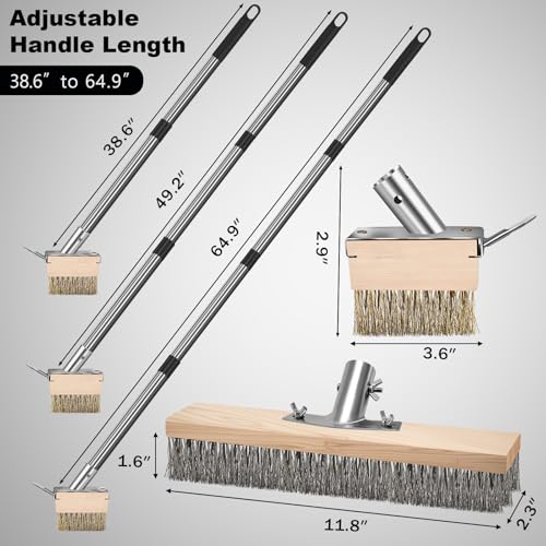 Wire Scrub Brushes with 65in Handle for Concrete Pavers Moss Remover | Heavy Duty Wire Broom, Crack Weeder Puller for Outdoor Deck Patios Walkways Floor Cleaning, Detachable Long Handle